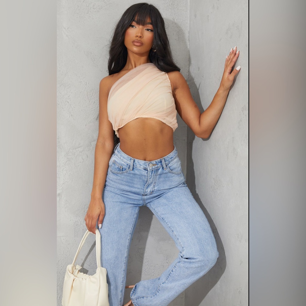 Nude mesh one shoulder crop